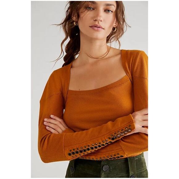 Free People Women’s Sz M Long Sleeve Studded Top A Little Unruly Square Neck - Picture 1 of 13